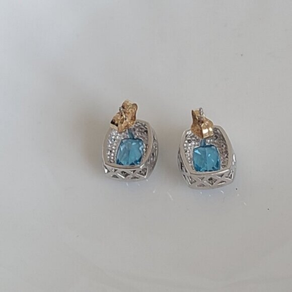Vintage 14K White Gold Diamond Blue Topaz Square Cushion Cut Halo Stud Earrings - Picture 10 of 12
